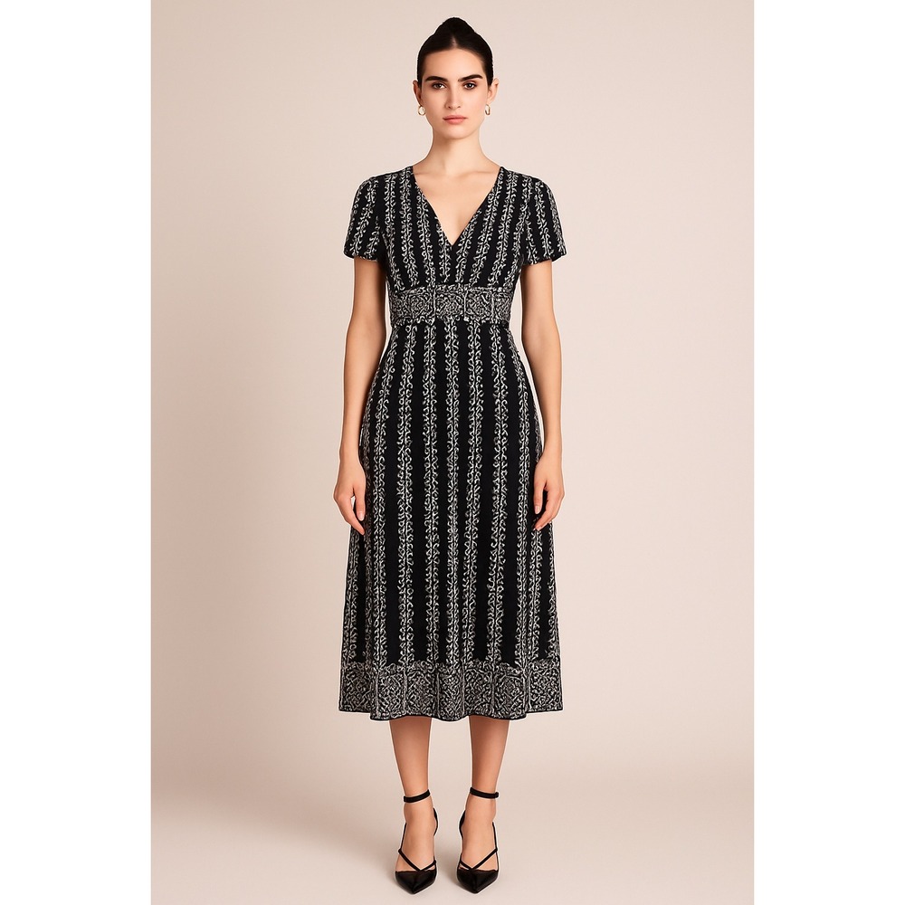 Black White Floral Print Midi Wrap Dress‎ Short Sleeve V Neck Medium